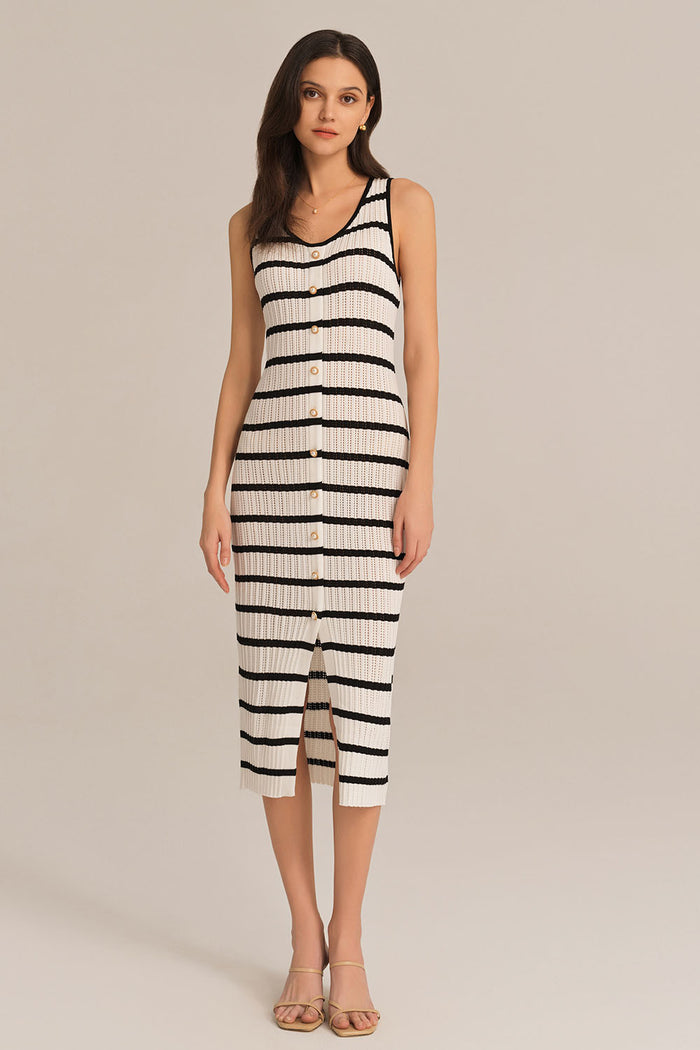 Grace Karin Hollowed-out Sleeveless U-Neck Front Slit Knitted Dress - White