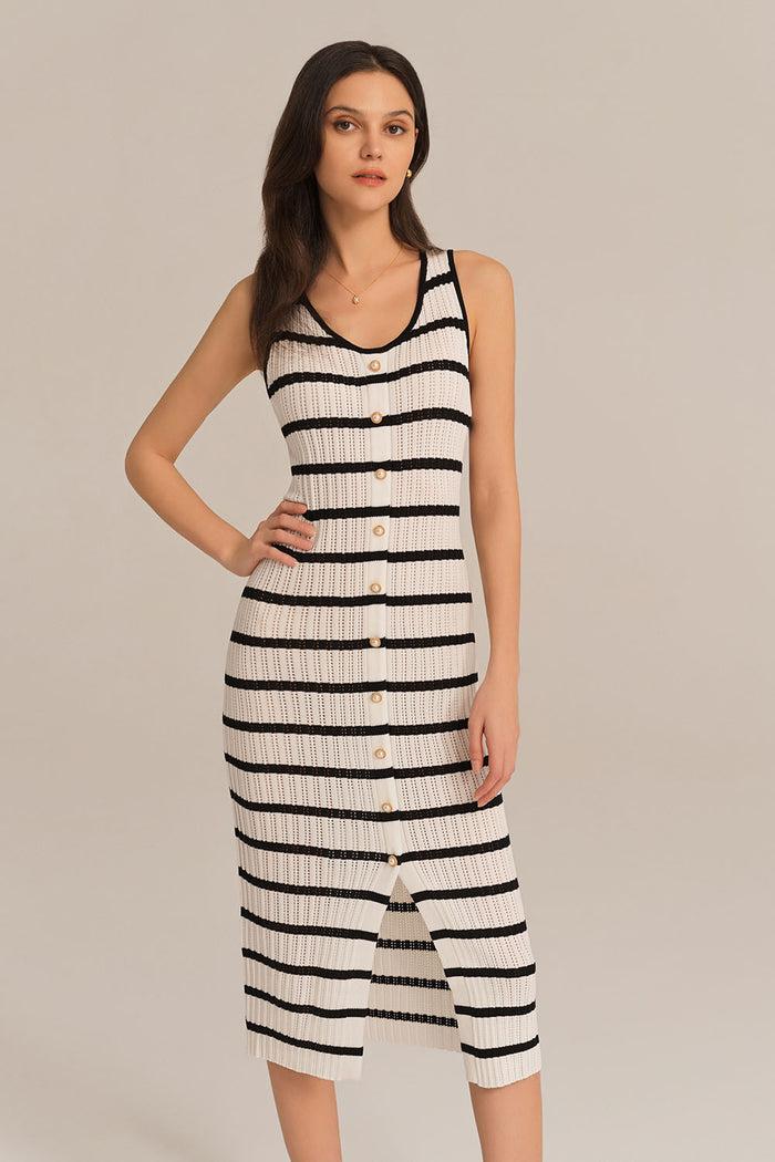 Grace Karin Hollowed-out Sleeveless U-Neck Front Slit Knitted Dress - White