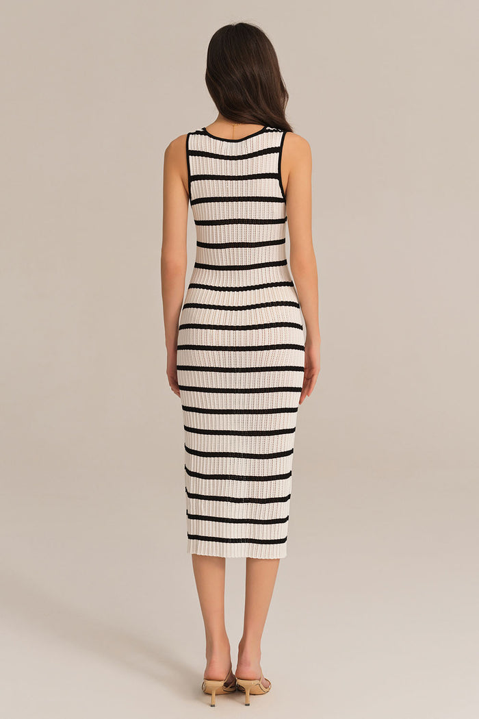 Grace Karin Hollowed-out Sleeveless U-Neck Front Slit Knitted Dress - White