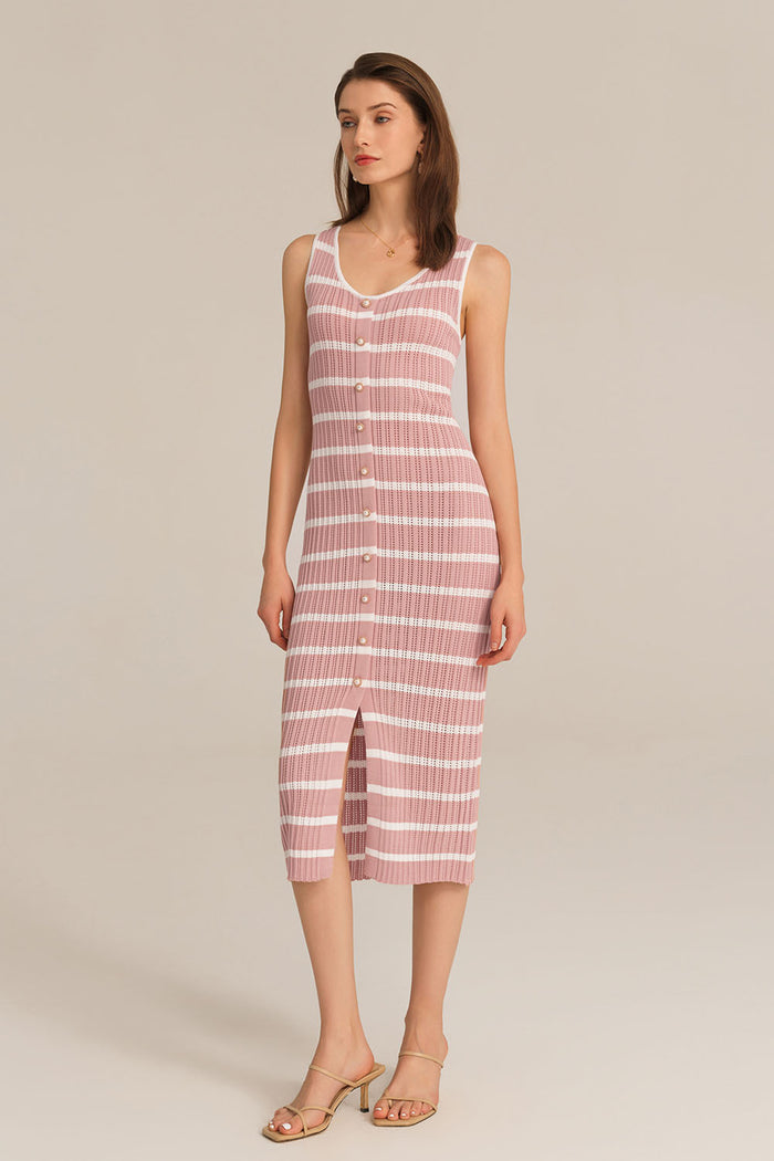 Grace Karin Hollowed-out Sleeveless U-Neck Front Slit Knitted Dress - Pink