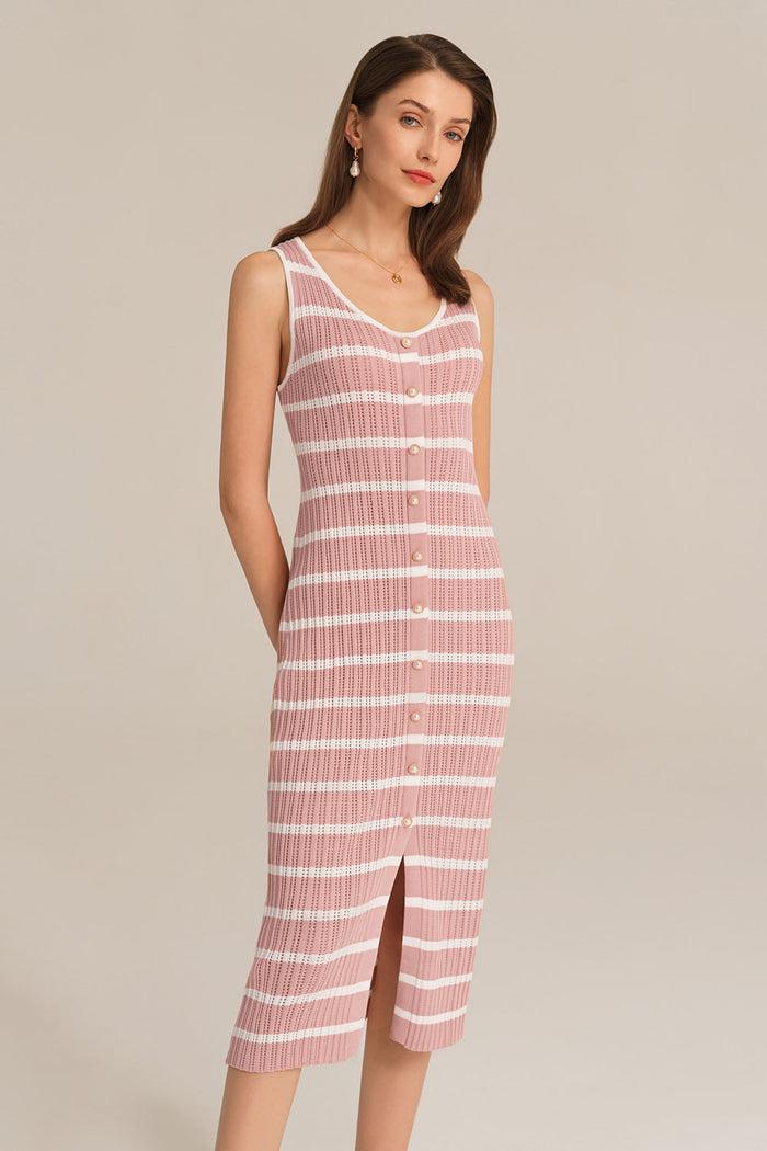 grace karin Hollowed-out Sleeveless U-Neck Front Slit Knitted Dress - Pink
