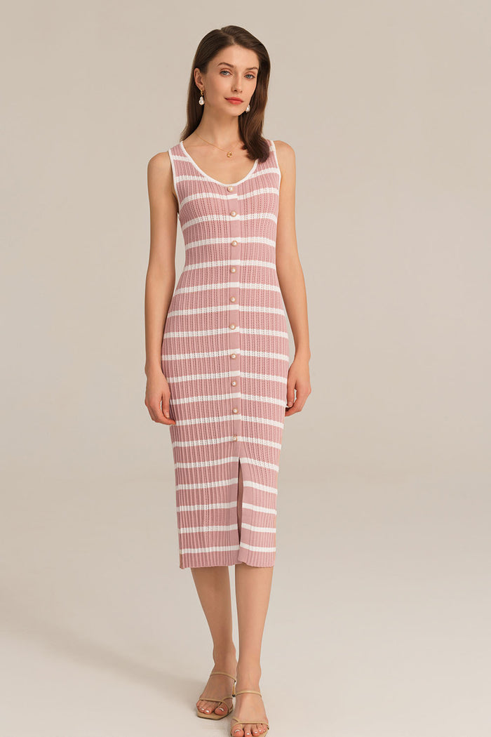 Grace Karin Hollowed-out Sleeveless U-Neck Front Slit Knitted Dress - Pink