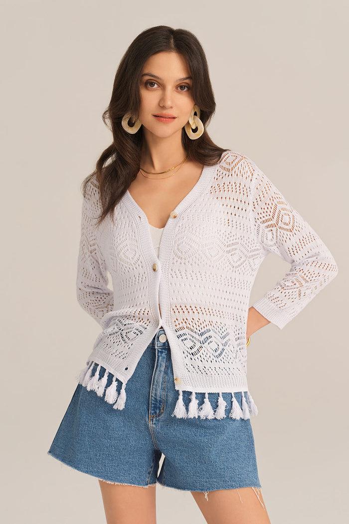 Grace Karin Hollowed Out V-Neck Fringed Knitted 3/4 Sleeve Cardigan - White