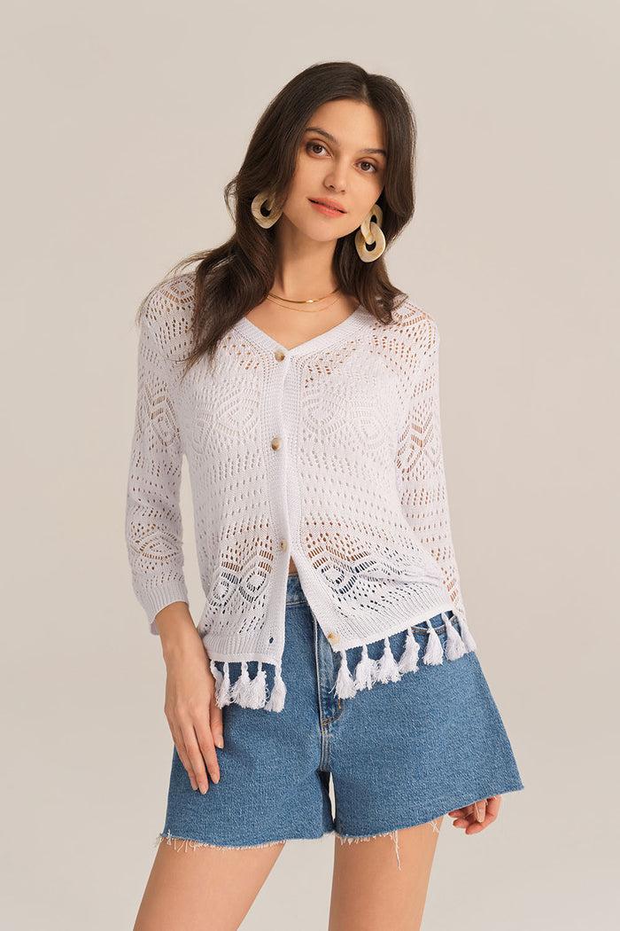 Grace Karin Hollowed Out V-Neck Fringed Knitted 3/4 Sleeve Cardigan - White