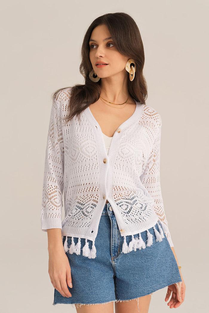 grace karin Hollowed Out V-Neck Fringed Knitted 3/4 Sleeve Cardigan - White