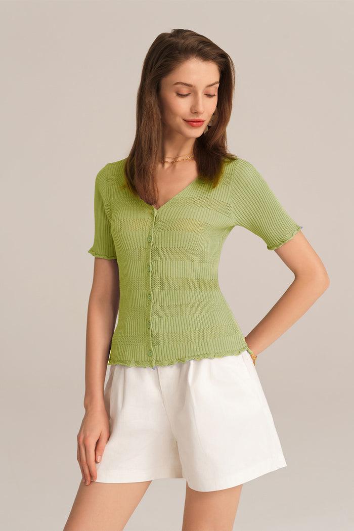 Grace Karin Hollowed-out V-Neck Short Sleeve Button-up Sweater Knitted Cardigan - Green