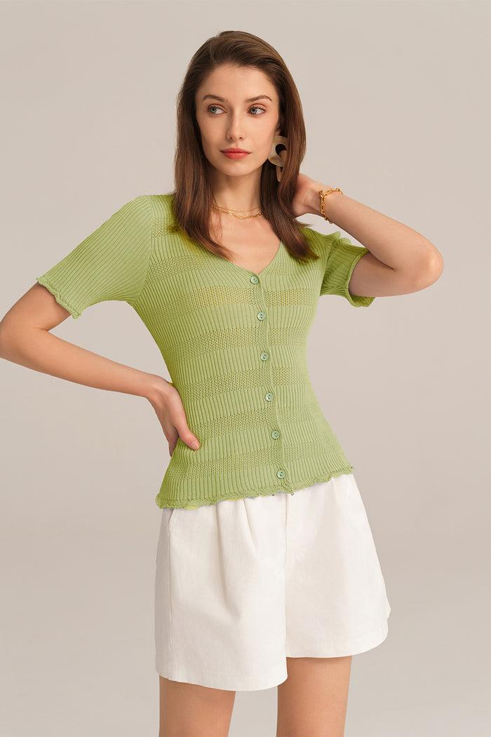 grace karin Hollowed-out V-Neck Short Sleeve Button-up Sweater Knitted Cardigan - Green