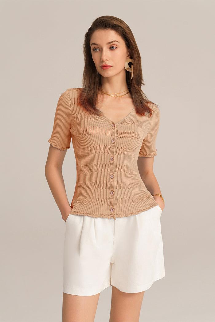 grace karin Hollowed-out V-Neck Short Sleeve Button-up Sweater Knitted Cardigan - Orange