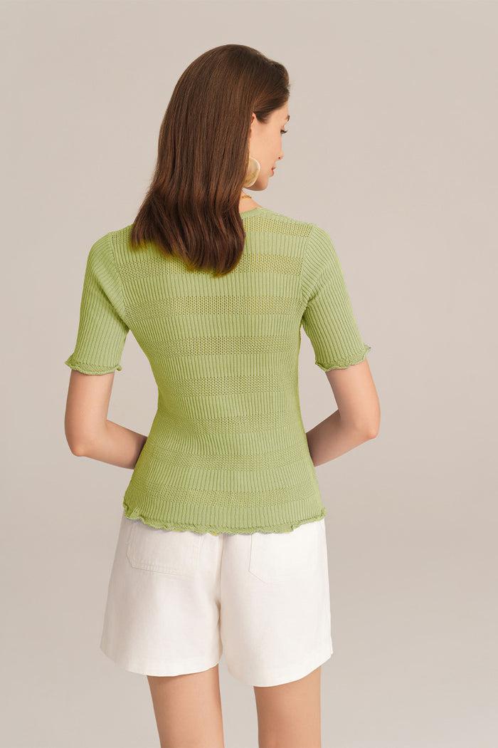 Grace Karin Hollowed-out V-Neck Short Sleeve Button-up Sweater Knitted Cardigan - Green