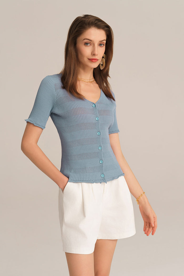Grace Karin Hollowed-out V-Neck Short Sleeve Button-up Sweater Knitted Cardigan - Blue