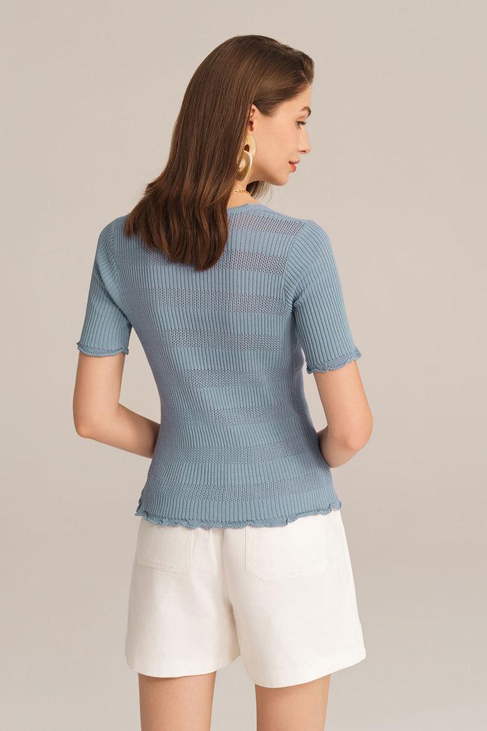 Grace Karin Hollowed-out V-Neck Short Sleeve Button-up Sweater Knitted Cardigan - Blue
