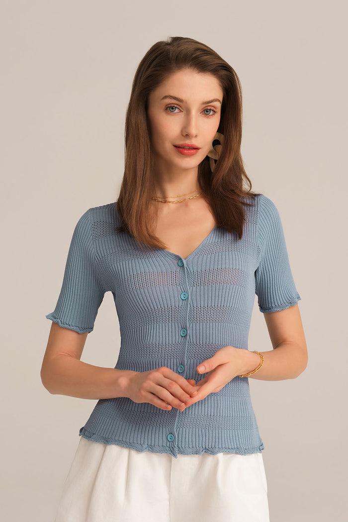 grace karin Hollowed-out V-Neck Short Sleeve Button-up Sweater Knitted Cardigan - Blue