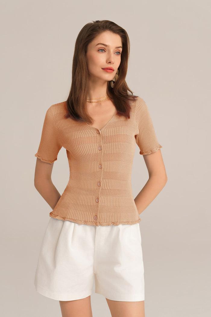 Grace Karin Hollowed-out V-Neck Short Sleeve Button-up Sweater Knitted Cardigan - Orange