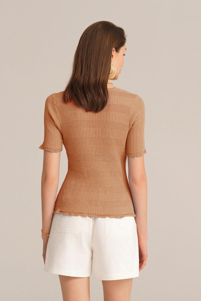 Grace Karin Hollowed-out V-Neck Short Sleeve Button-up Sweater Knitted Cardigan - Orange