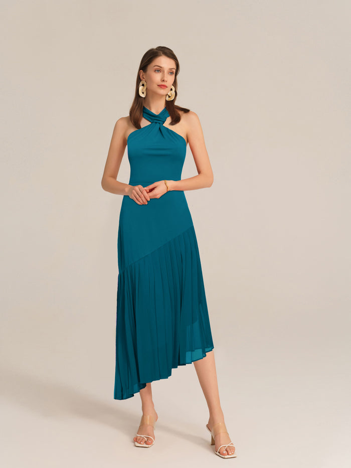 Grace Karin Irregular Hem Contrast Halterneck A-Line Dress - Green