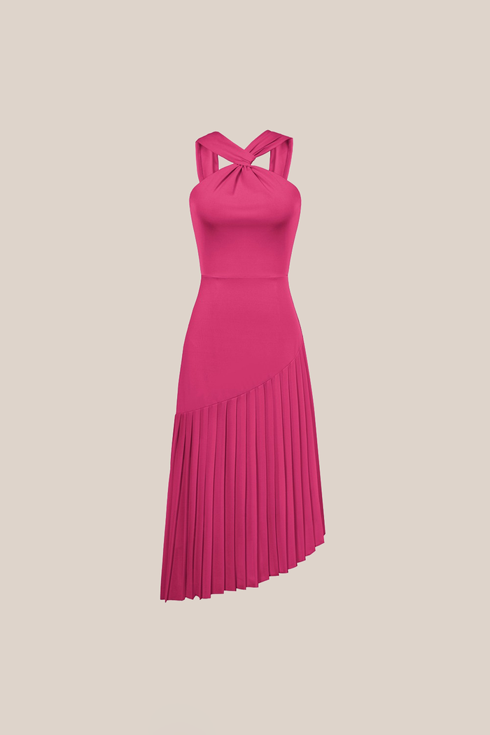Grace Karin Irregular Hem Contrast Halterneck A-Line Dress - Pink