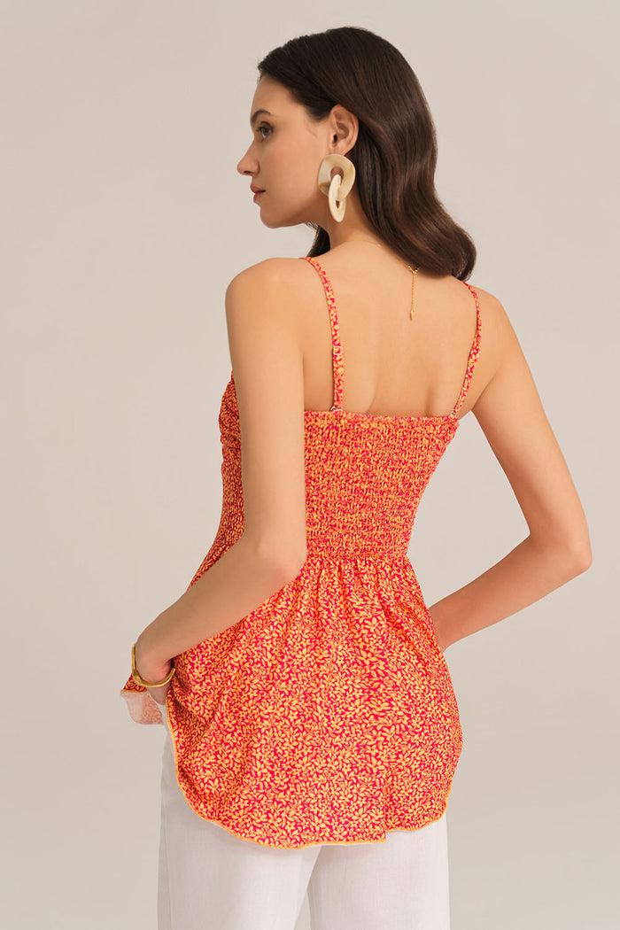 Grace Karin Irregular Hem Spaghetti Straps Ruched Bodice Floral A-Line Tops - Orange