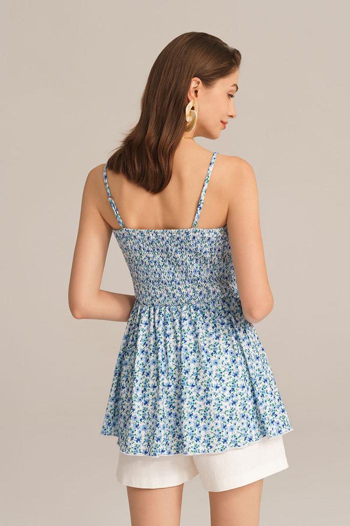Grace Karin Irregular Hem Spaghetti Straps Ruched Bodice Floral A-Line Tops - Blue