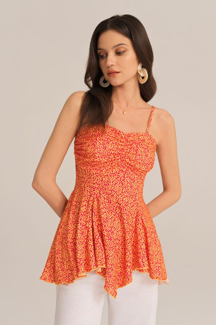 Grace Karin Irregular Hem Spaghetti Straps Ruched Bodice Floral A-Line Tops - Orange