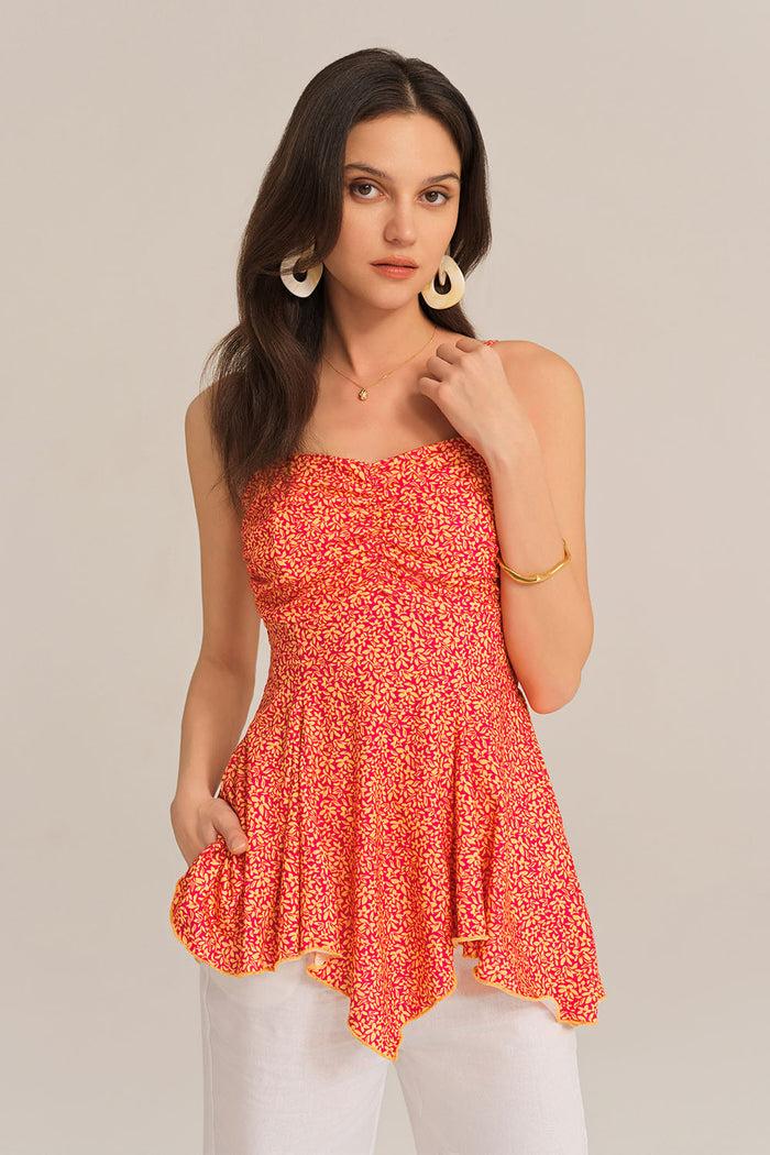 grace karin Irregular Hem Spaghetti Straps Ruched Bodice Floral A-Line Tops - Orange
