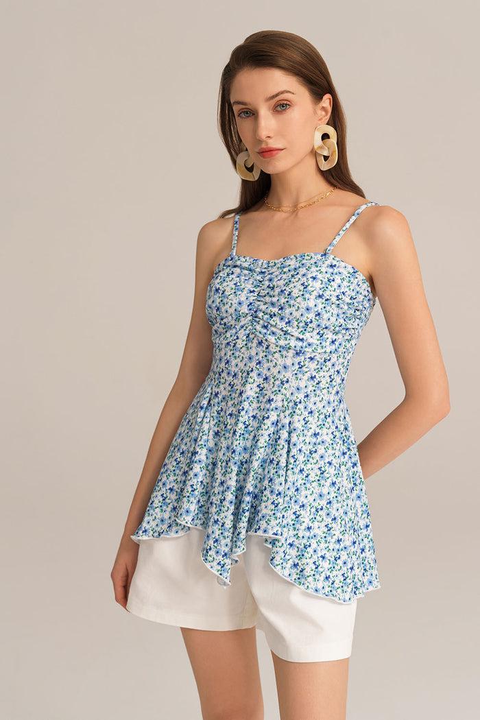 Grace Karin Irregular Hem Spaghetti Straps Ruched Bodice Floral A-Line Tops - Blue