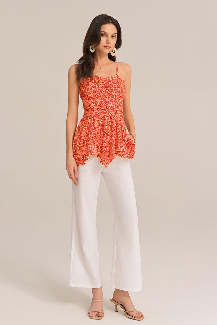 Grace Karin Irregular Hem Spaghetti Straps Ruched Bodice Floral A-Line Tops - Orange