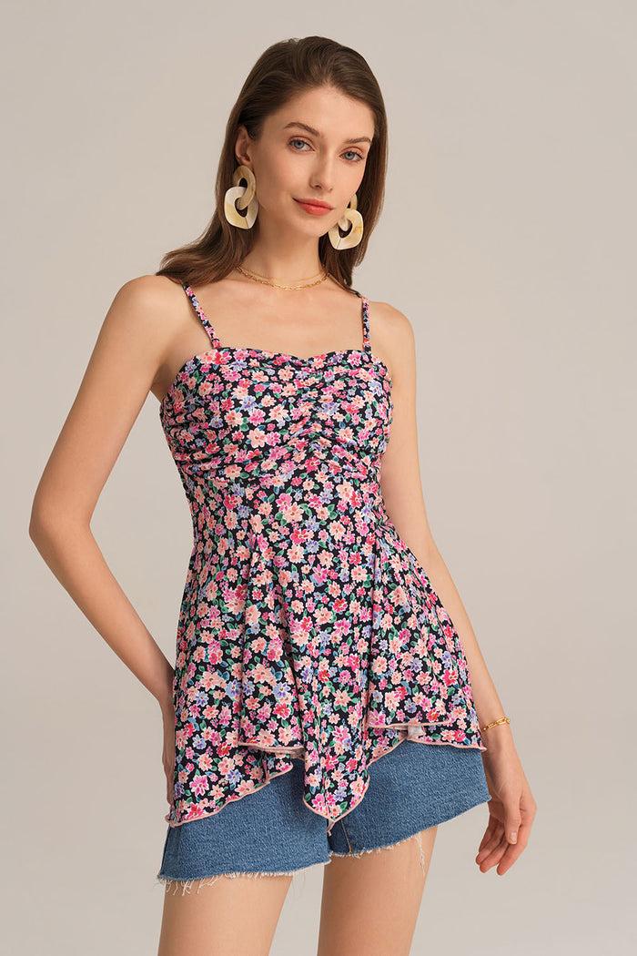 grace karin Irregular Hem Spaghetti Straps Ruched Bodice Floral A-Line Tops - Pink