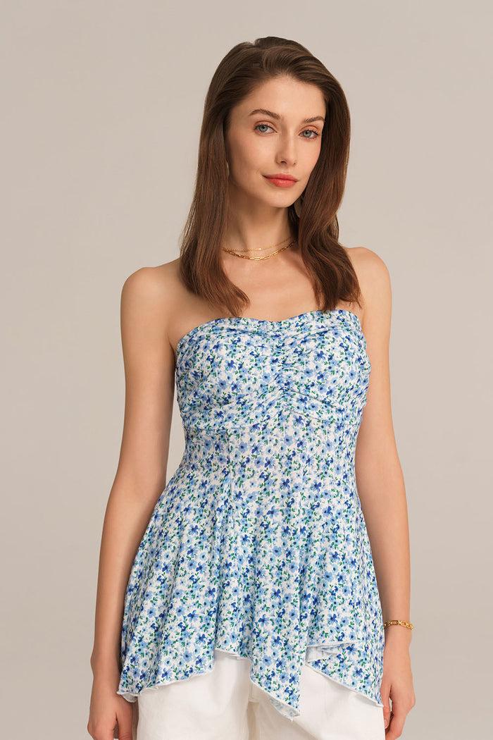 grace karin Irregular Hem Spaghetti Straps Ruched Bodice Floral A-Line Tops - Blue