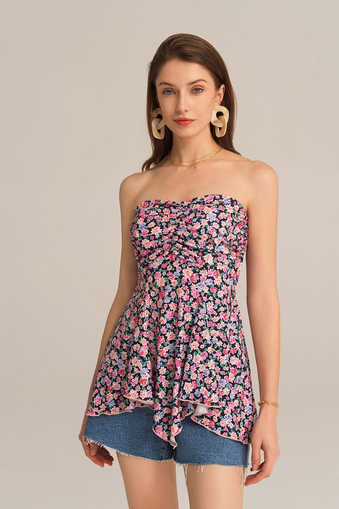Grace Karin Irregular Hem Spaghetti Straps Ruched Bodice Floral A-Line Tops - Pink