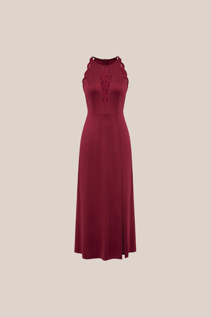 Grace Karin Lace Patchwork Halterneck Front Slit Party Maxi Dress - Red