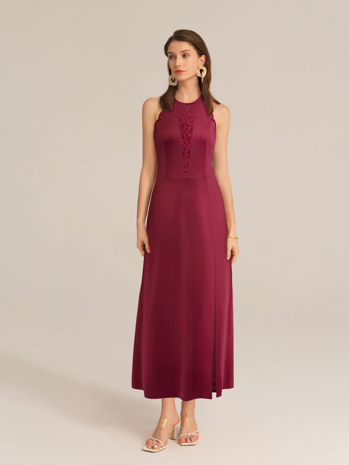 Grace Karin Lace Patchwork Halterneck Front Slit Party Maxi Dress - Red