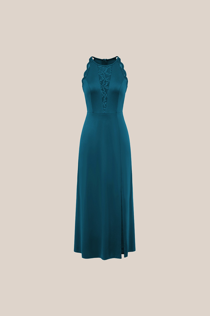 Grace Karin Lace Patchwork Halterneck Front Slit Party Maxi Dress - Green