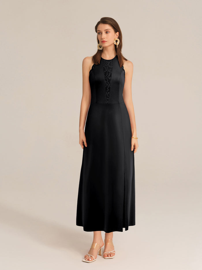 grace karin Lace Patchwork Halterneck Front Slit Party Maxi Dress - Black