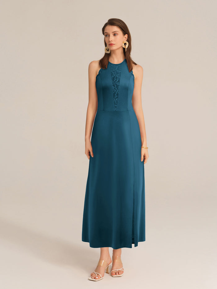 Grace Karin Lace Patchwork Halterneck Front Slit Party Maxi Dress - Green