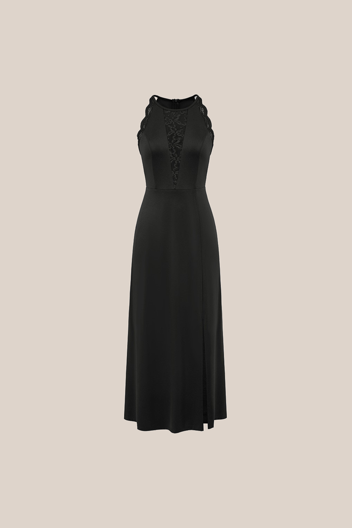 Grace Karin Lace Patchwork Halterneck Front Slit Party Maxi Dress - Black