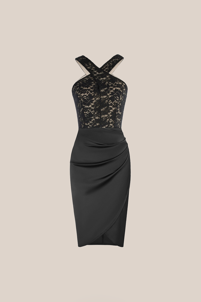 Grace Karin Lace Patchwork Ruched Hem Party Dress - Black