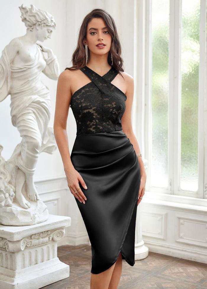 grace karin Lace Patchwork Ruched Hem Party Dress - Black