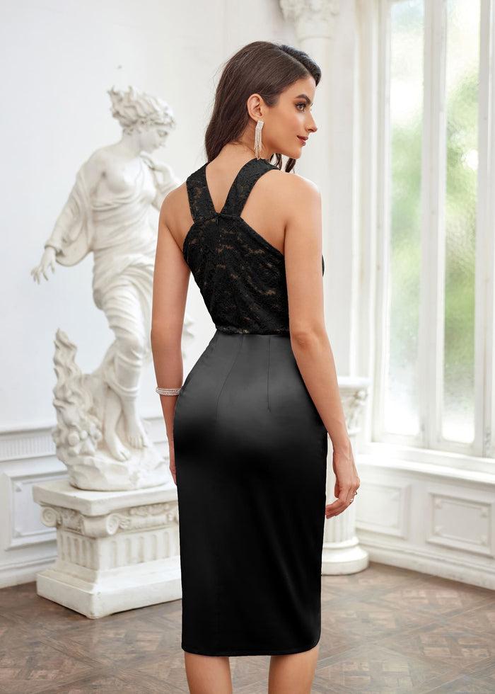 Grace Karin Lace Patchwork Ruched Hem Party Dress - Black