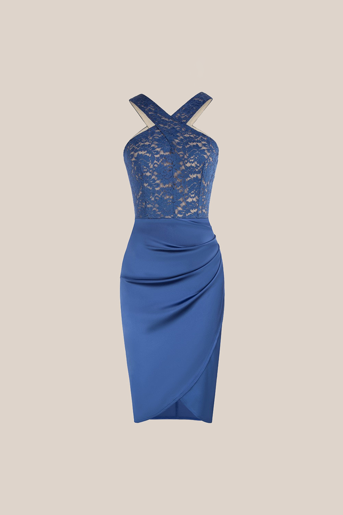 Grace Karin Lace Patchwork Ruched Hem Party Dress - Blue