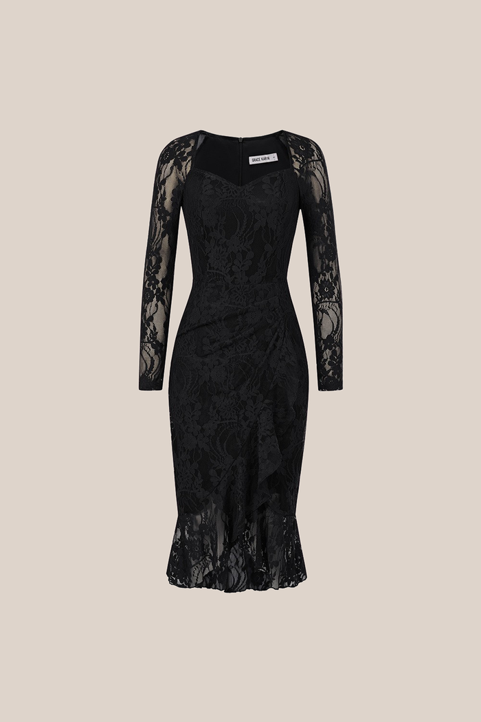 Grace Karin Lace Square V-Neck Ruffled Hem Long Sleeve Bodycon Party Dress