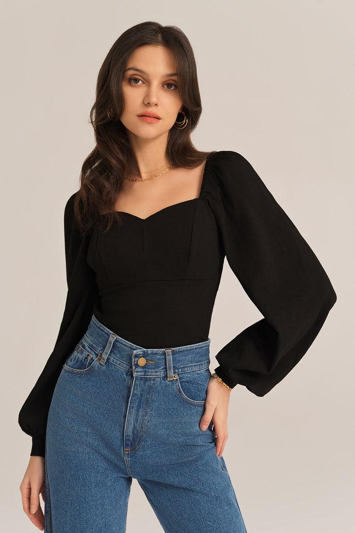 Grace Karin Lantern Sleeves V-Neck Stretchy Cotton Blouse