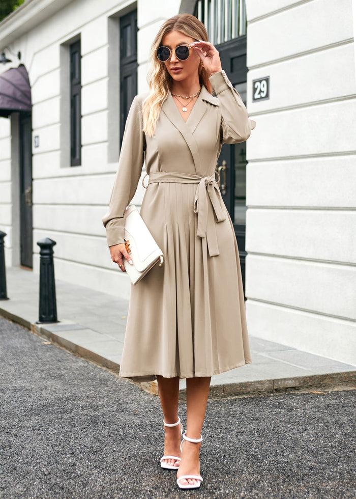 grace karin Lapel Collar Pleated Long Sleeve V-Neck Flared A-Line Dress - Apricot