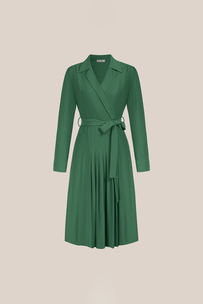 Grace Karin Lapel Collar Pleated Long Sleeve V-Neck Flared A-Line Dress - Green