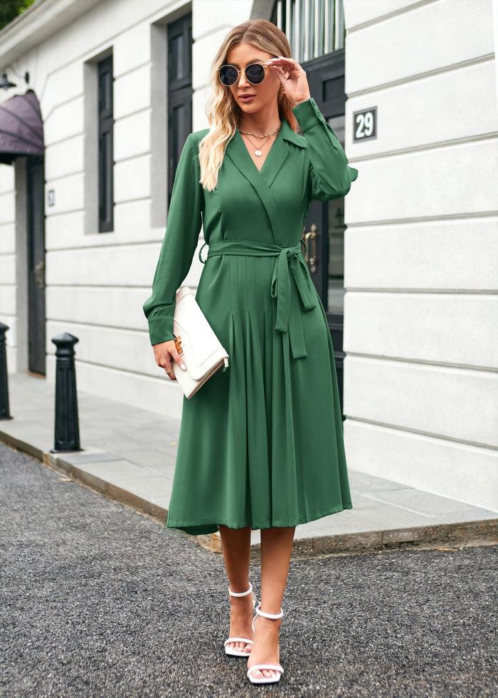 grace karin Lapel Collar Pleated Long Sleeve V-Neck Flared A-Line Dress - Green