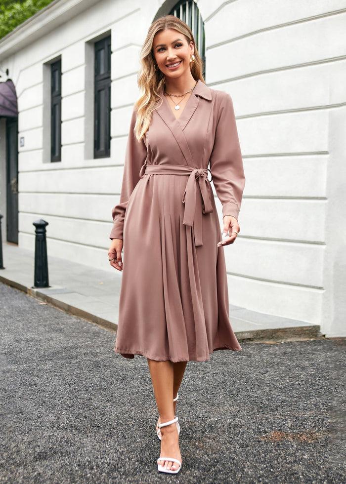 grace karin Lapel Collar Pleated Long Sleeve V-Neck Flared A-Line Dress - Pink
