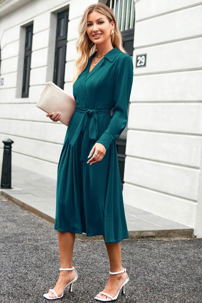 Grace Karin Lapel Collar Pleated Long Sleeve V-Neck Flared A-Line Dress - Cerulean