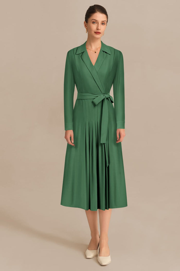 Grace Karin Lapel Collar Pleated Long Sleeve V-Neck Flared A-Line Dress - Green