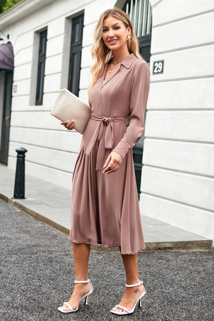 Grace Karin Lapel Collar Pleated Long Sleeve V-Neck Flared A-Line Dress - Pink