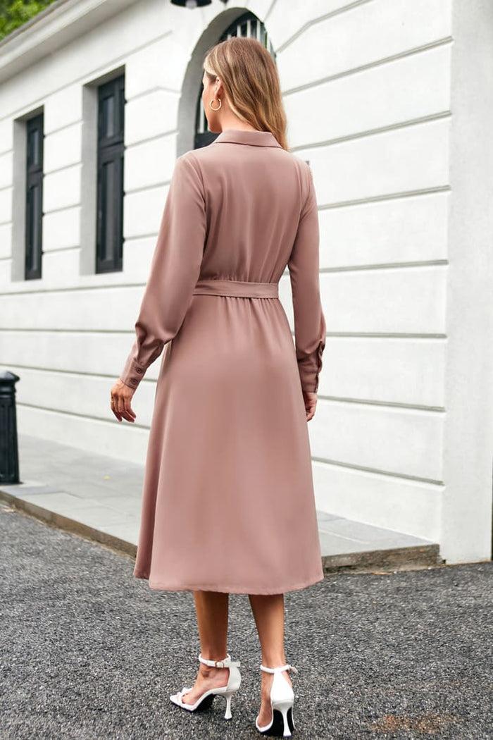 Grace Karin Lapel Collar Pleated Long Sleeve V-Neck Flared A-Line Dress - Pink