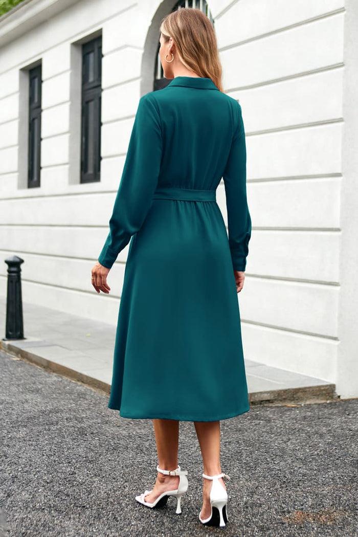 Grace Karin Lapel Collar Pleated Long Sleeve V-Neck Flared A-Line Dress - Cerulean